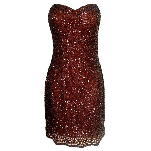 Scala Sequin Silk Strapless Bodycon Copper Brown Mini Sparkly Glam Mini Dress  6 - Picture 2 of 13